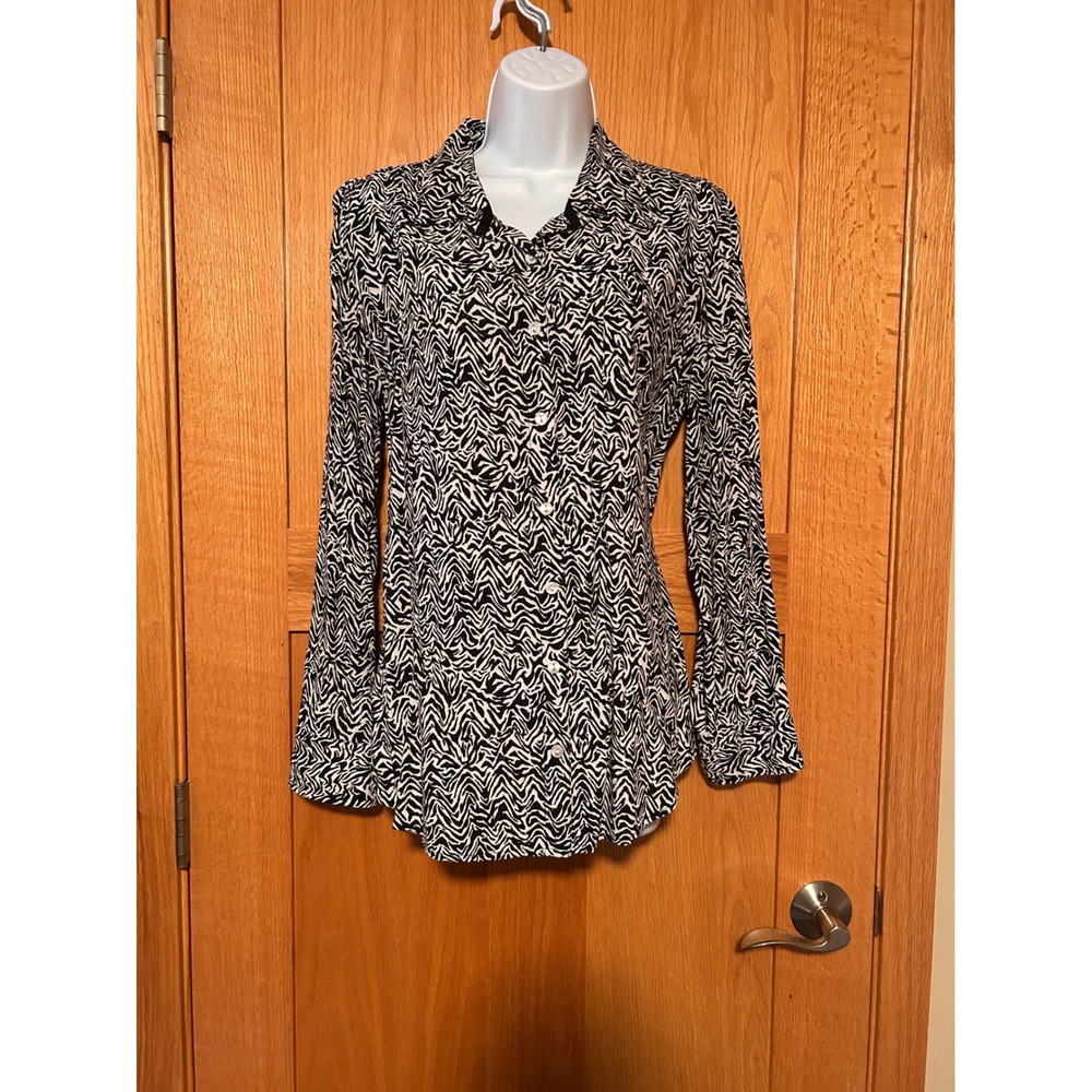 White Stag Womens Zebra Print Button Down Shirt Black White Rayon Sz Medium 8-10